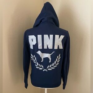 Victoria’s Secret PINK Zip Up Hoodie Navy With Silver Glitter Graphic